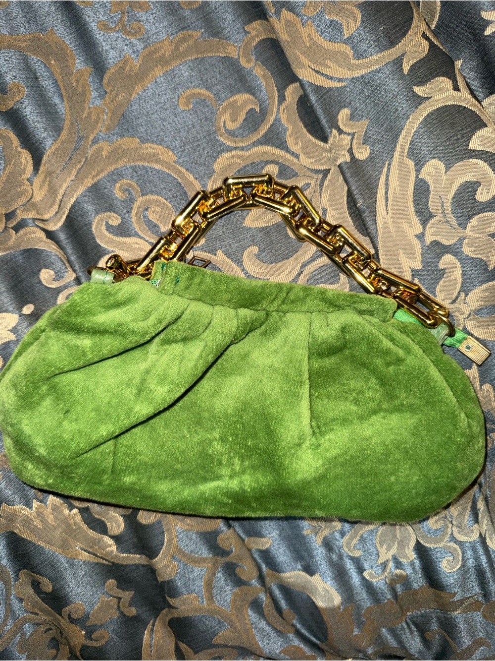 SHEIN Green Velvet Clutch with Gold Chain Handle